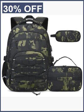 Tactical Kids Backpack with USB Port, Lunch Bag & Pencil Case Set